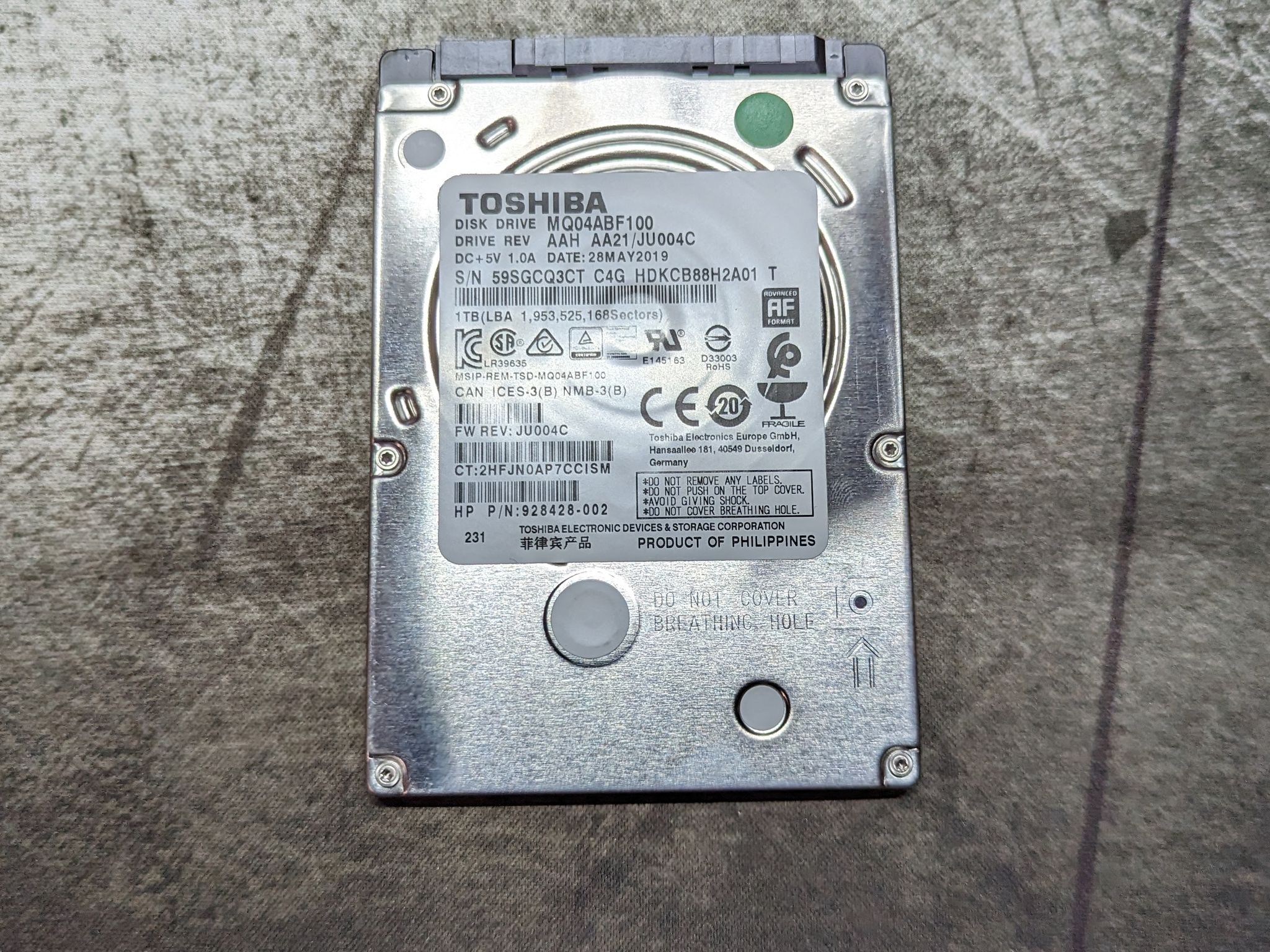 Toshiba 1TB 5400RPM 2.5" SATA III Thin 7mm Hard Drive | Low hours