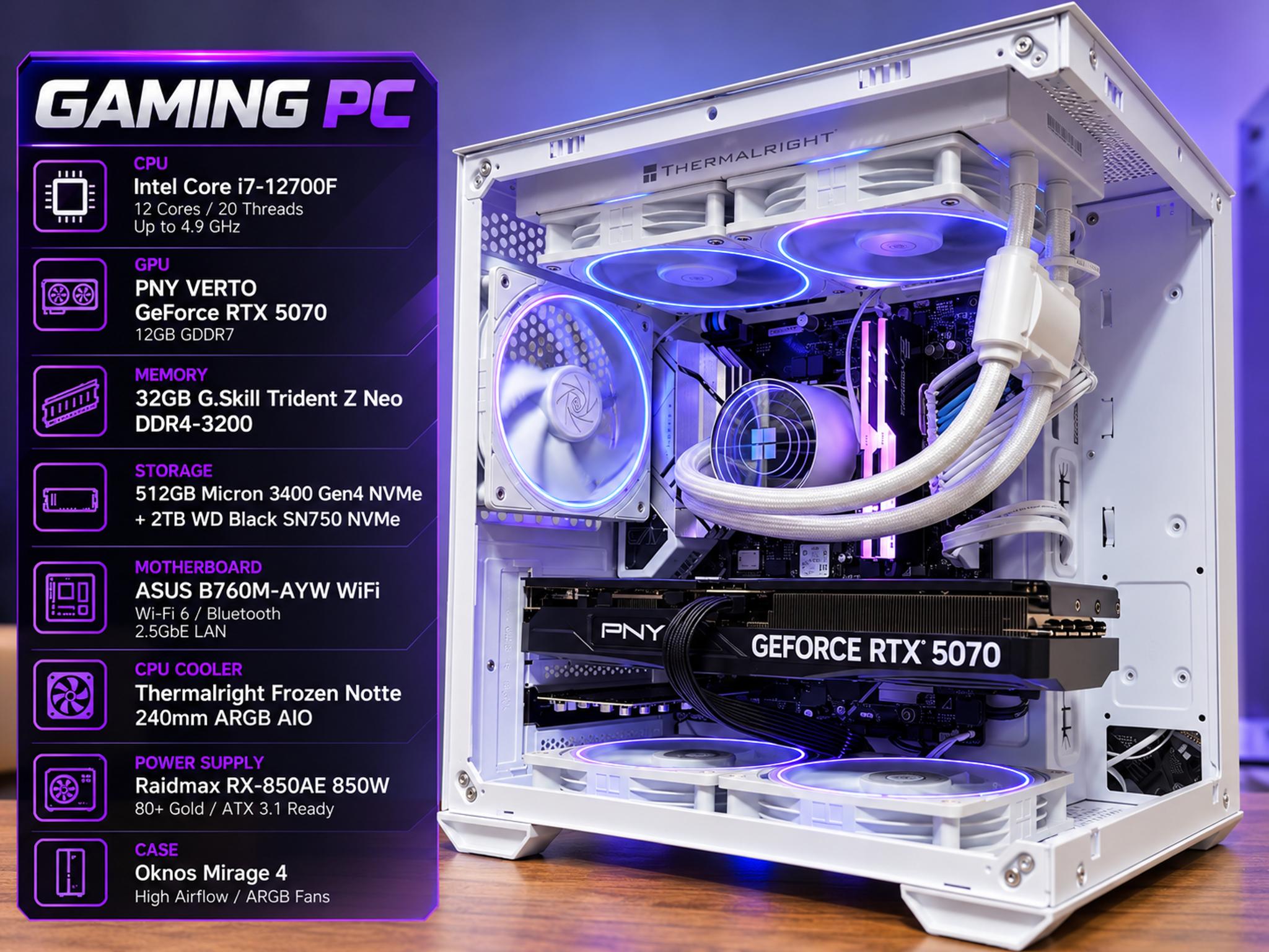 ❄️ POLAR ECLIPSE i7-12700F • RTX 5070 • 32GB RAM • 2.5TB+ NVMe 850w psu