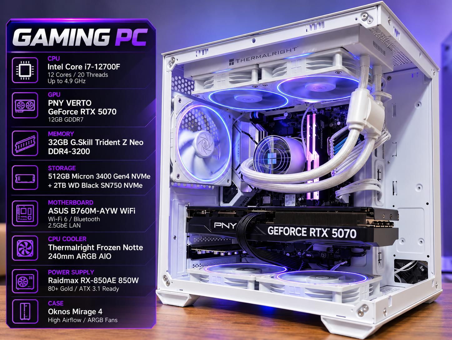 ❄️ POLAR ECLIPSE i7-12700F • RTX 5070 • 32GB RAM • 2.5TB+ NVMe 850w psu