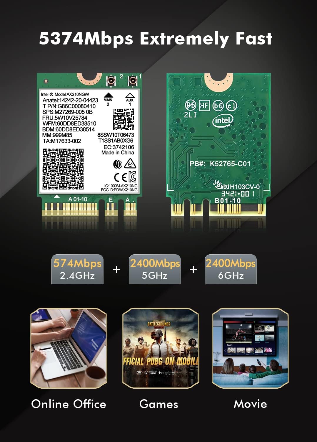WiFi 6E Wireless Card Intel AX210 NGW Bluetooth 5.3 Tri-Band 5400Mbps Network Adapter for Laptop