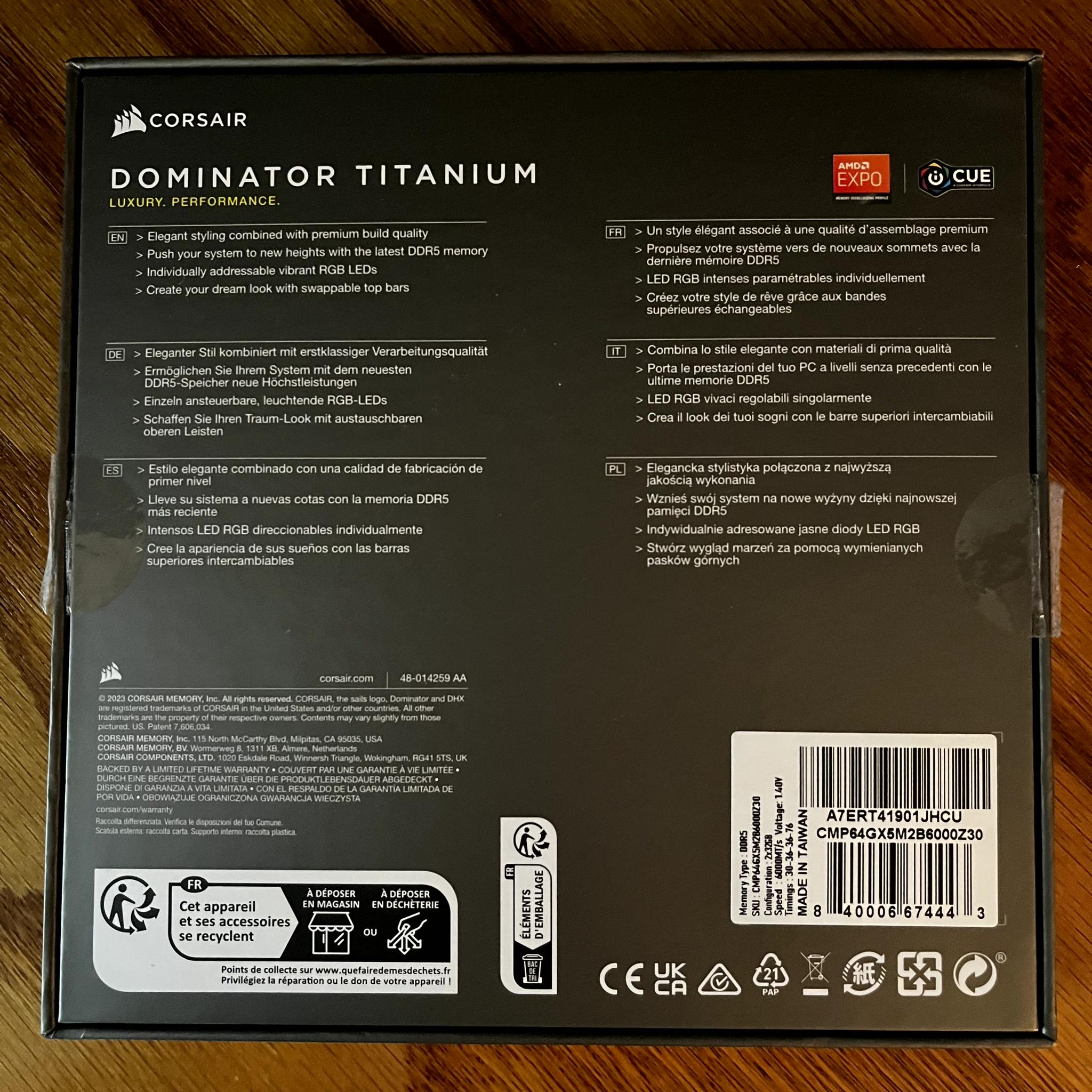Corsair Dominator Titanium DDR5 64G @6000MT/sec 2x32G AMD Expo