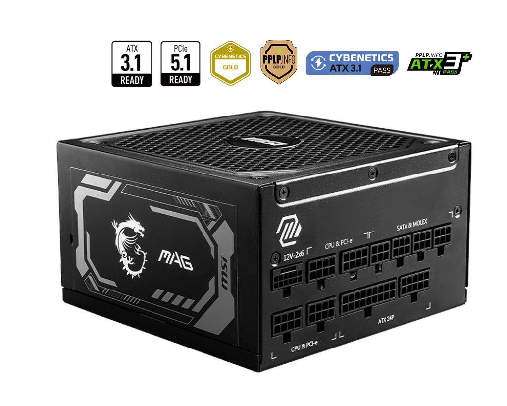 MSI MAG 1250GL PCIE 5 Full Modular 80 Plus Gold 1250W ATX Gaming Power Supply