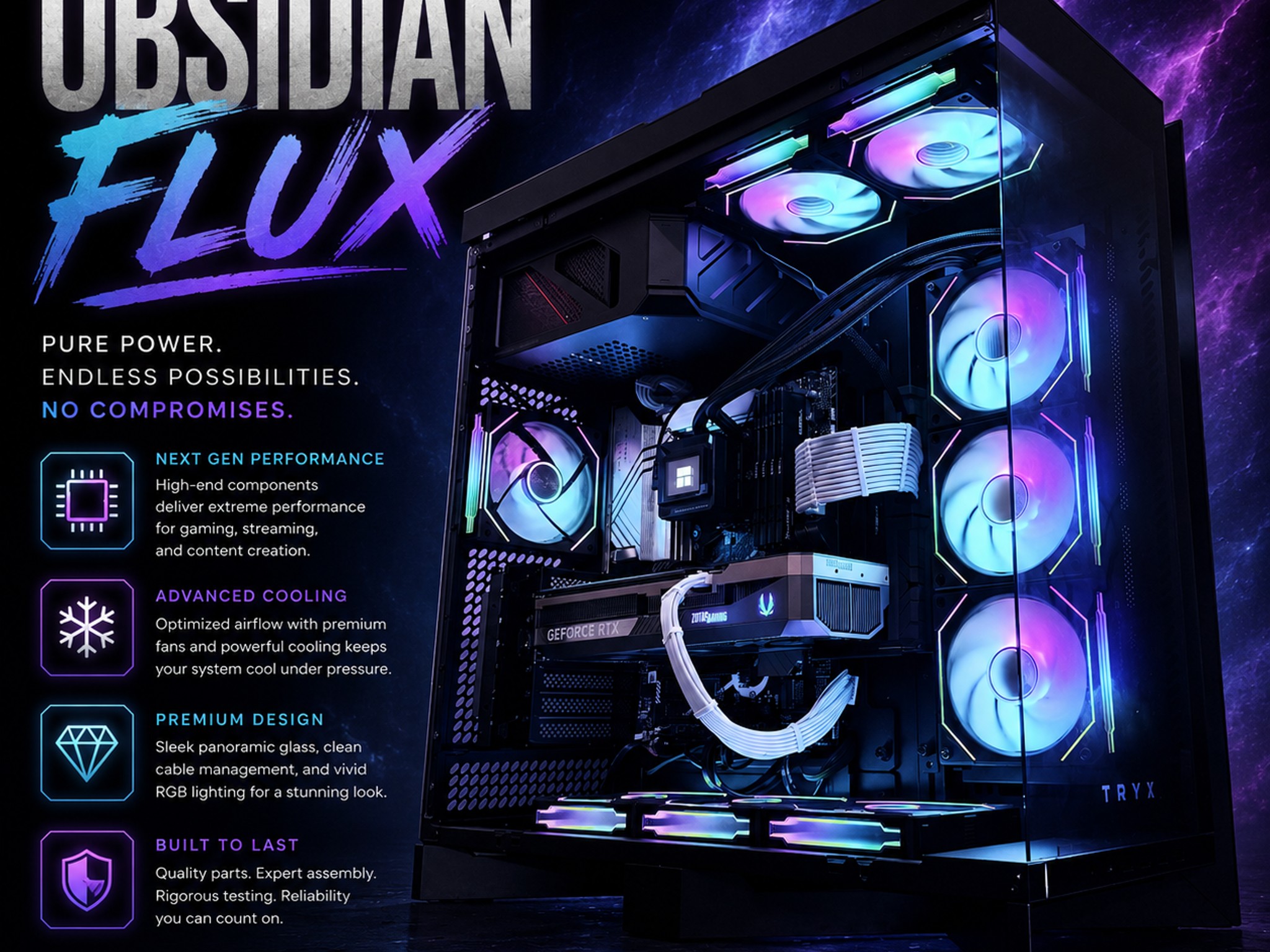 ⚫️"Obsidian Flux"🌈| 4K Gaming + AI Workstation | RTX 5080 | i9 12900K | 64 DDR5 | 10TB Storage