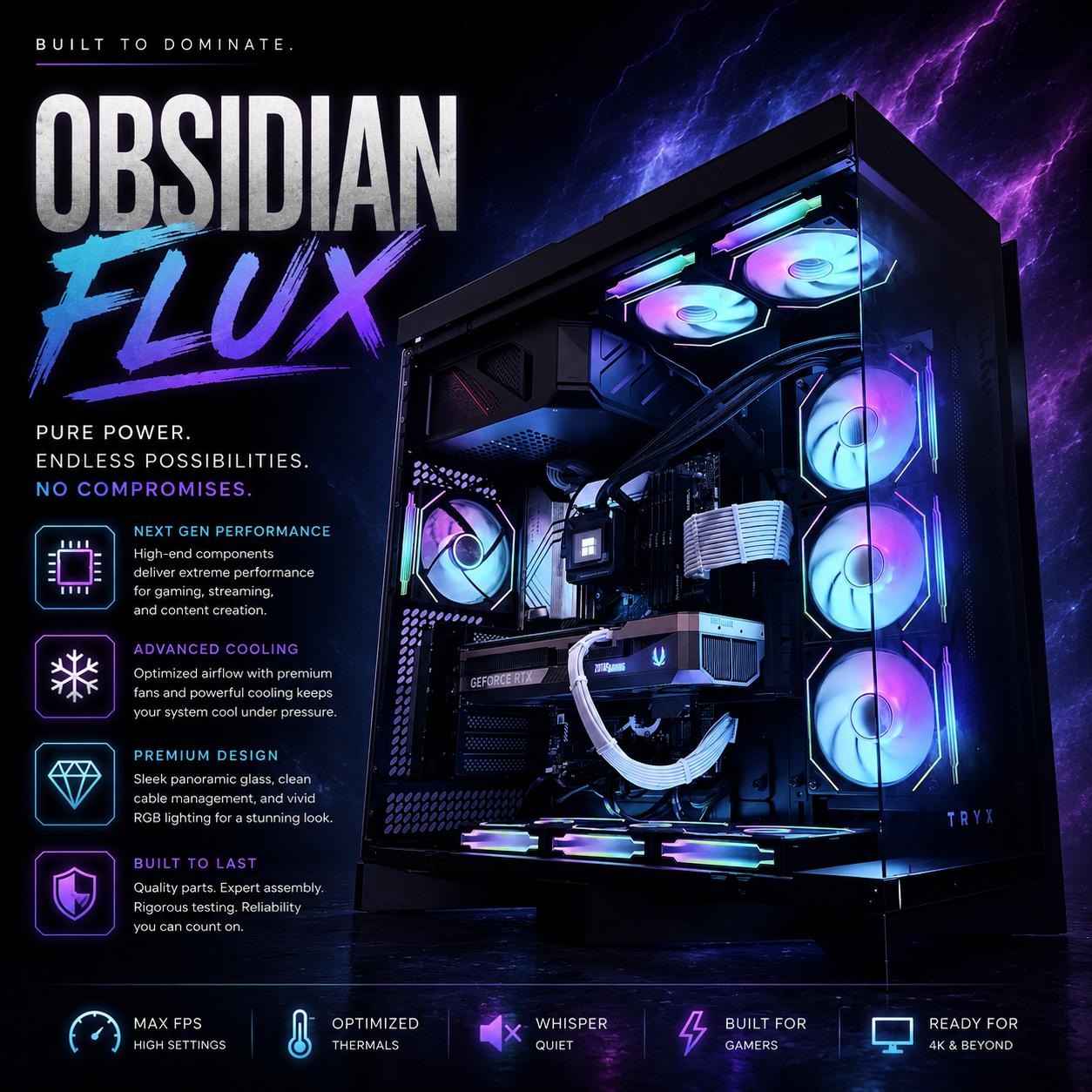 ⚫️"Obsidian Flux"🌈| 4K Gaming + AI Workstation | RTX 5080 | i9 12900K | 64 DDR5 | 10TB Storage