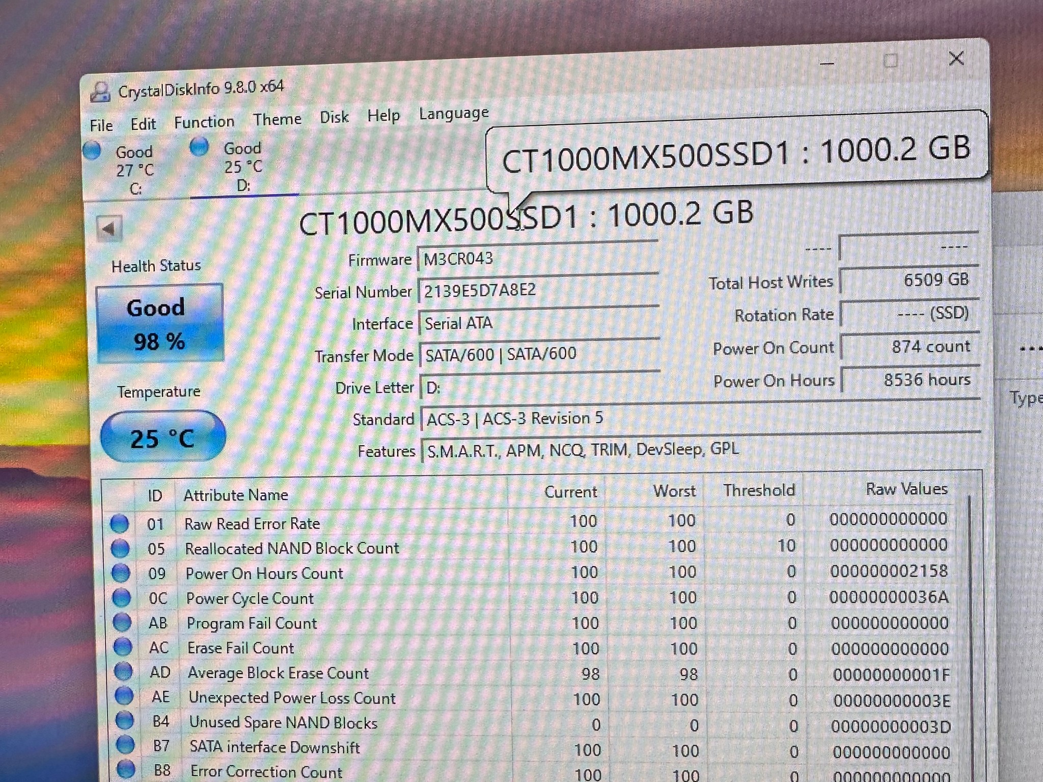 Crucial MX500 1TB SATA 2.5" SSD - Tested 100% Health (Lot of 2)