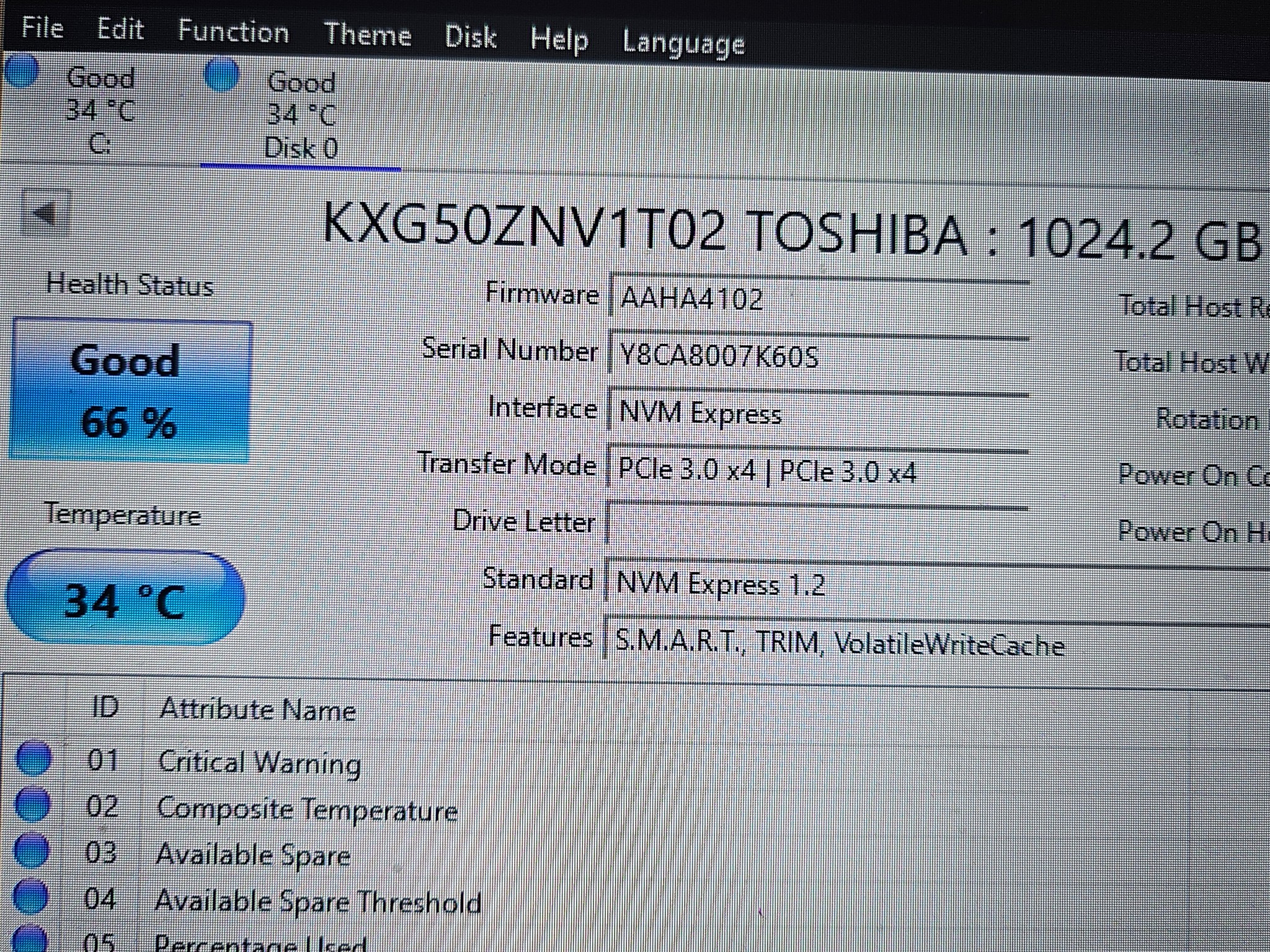 Toshiba XG5 1TB NVMe M.2 SSD (KXG50ZNV1T02) PCIe Gen3 SSD - 66