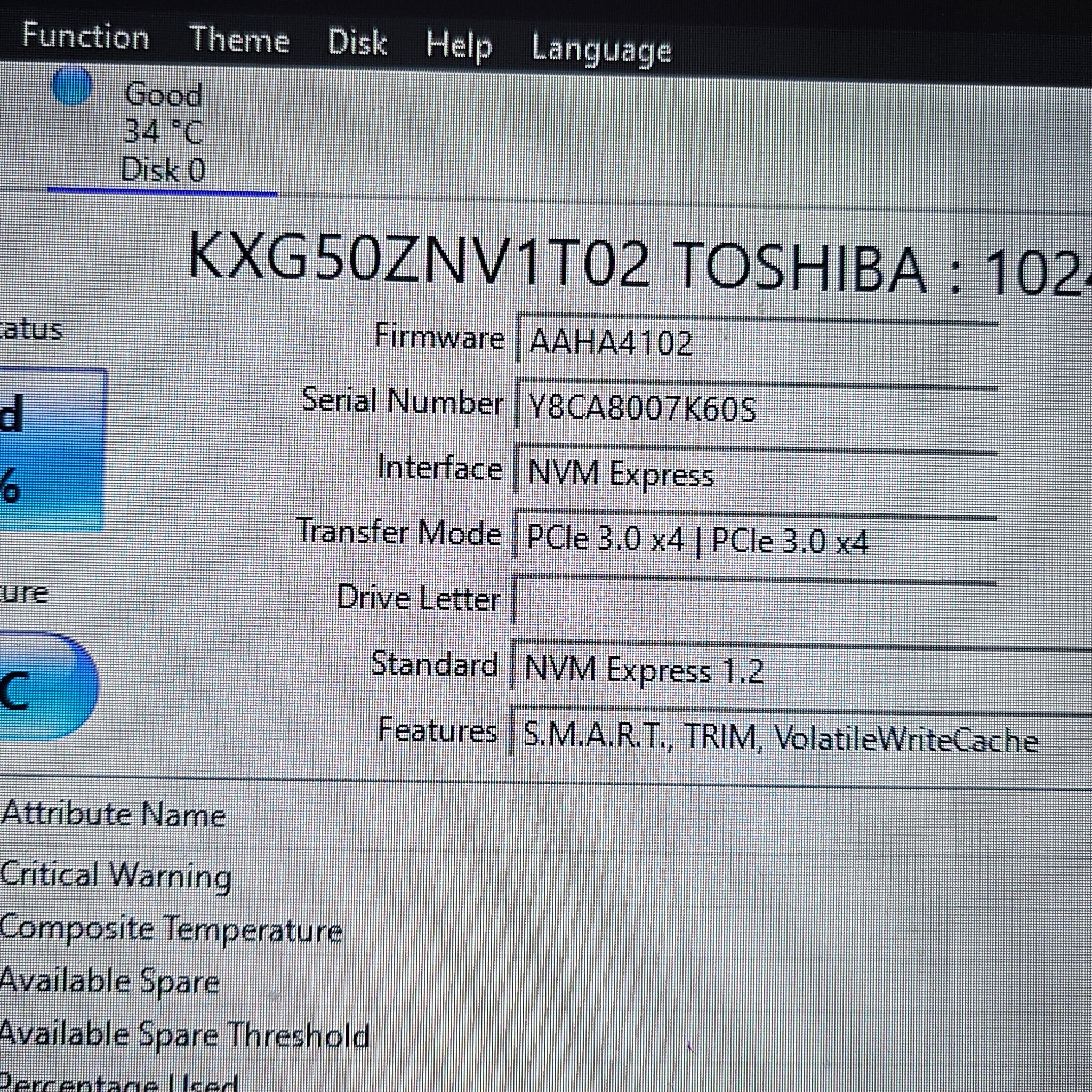 Toshiba XG5 1TB NVMe M.2 SSD (KXG50ZNV1T02) PCIe Gen3 SSD - 66% Health