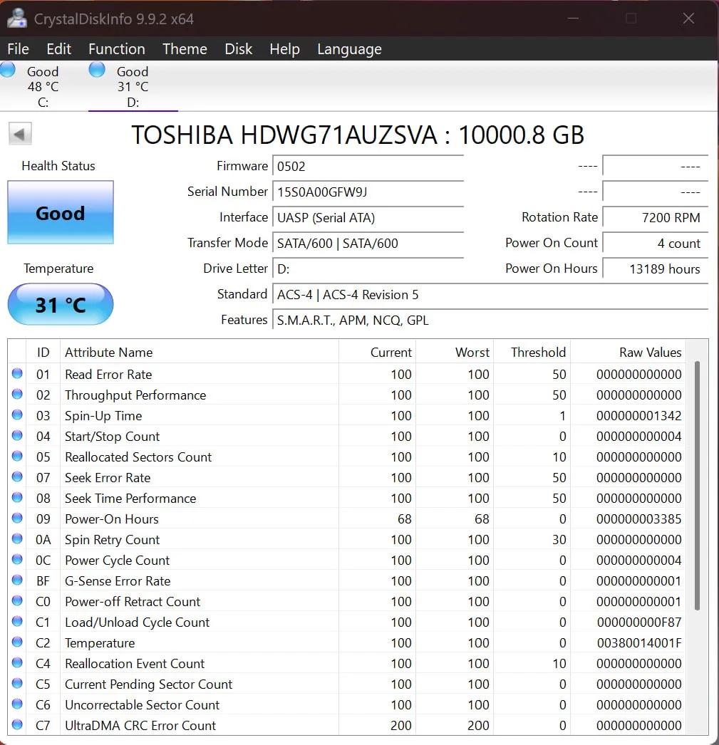 Toshiba N300 NAS 10TB HDDs - SMART Good