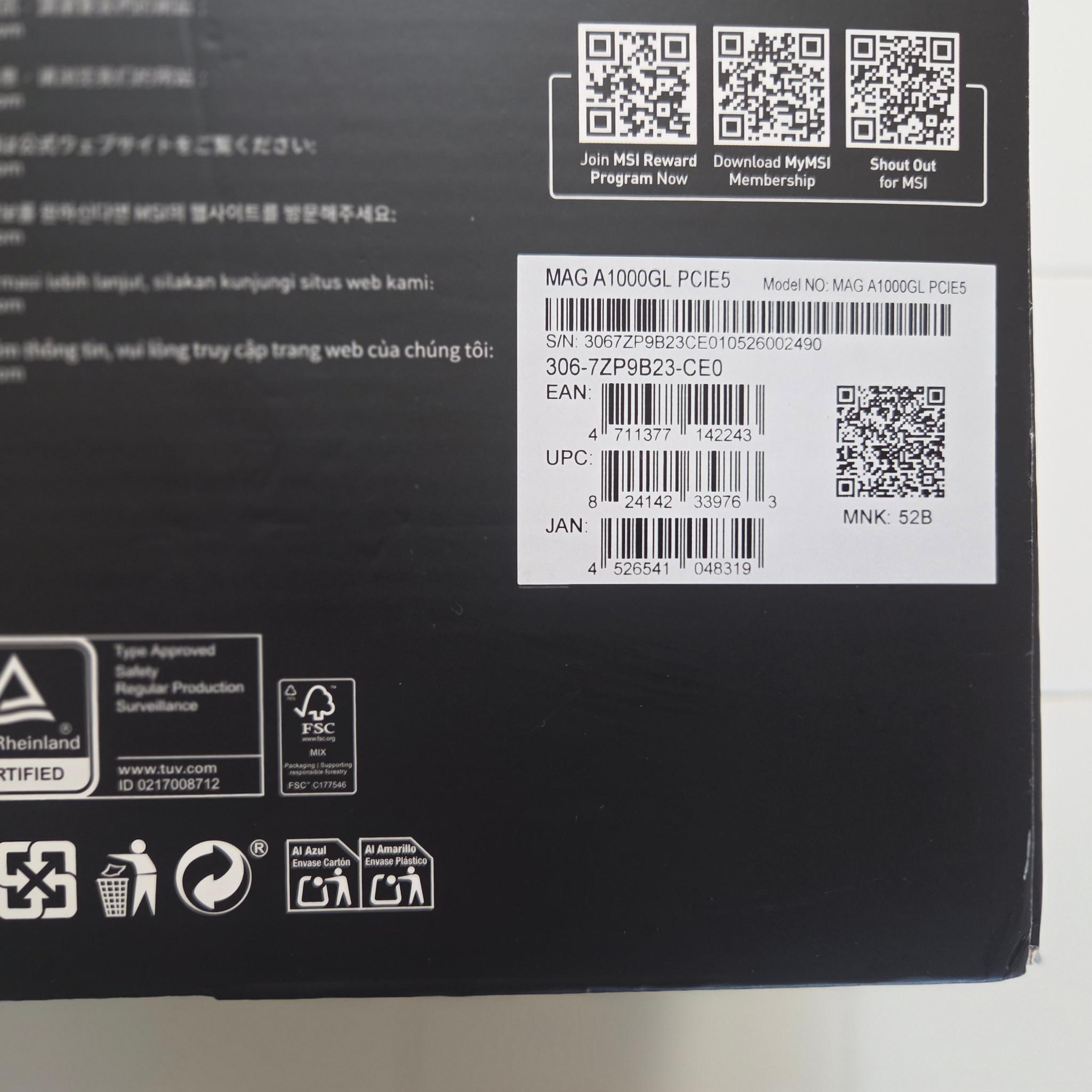 "Open Box" MSI MAG A1000GL PCIE5 1000W 80+ Gold PSU (Complete w/ Box & Receipt)