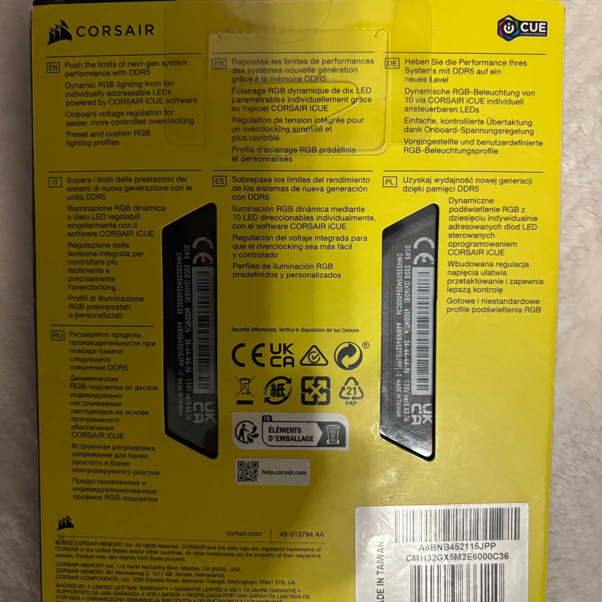 Corsair Vengeance RGB DDR5 32GB (2x16GB) Cl 36 6000MT/s  DIMM RGB Lighting RAM