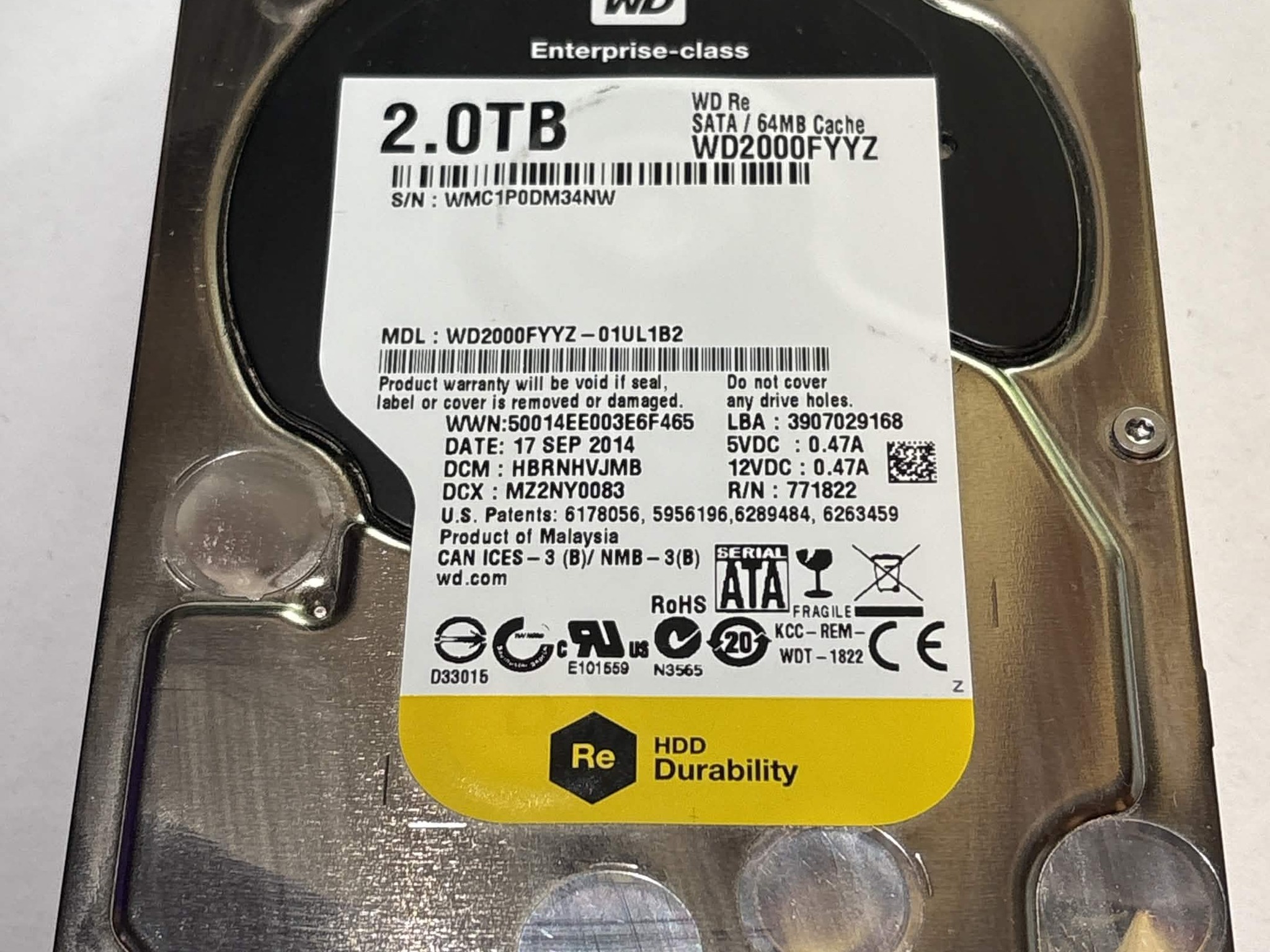 WD Re 2TB WD2000FYYZ Enterprise 7200RPM SATA HDD – 35,444 Hours – Good SMART