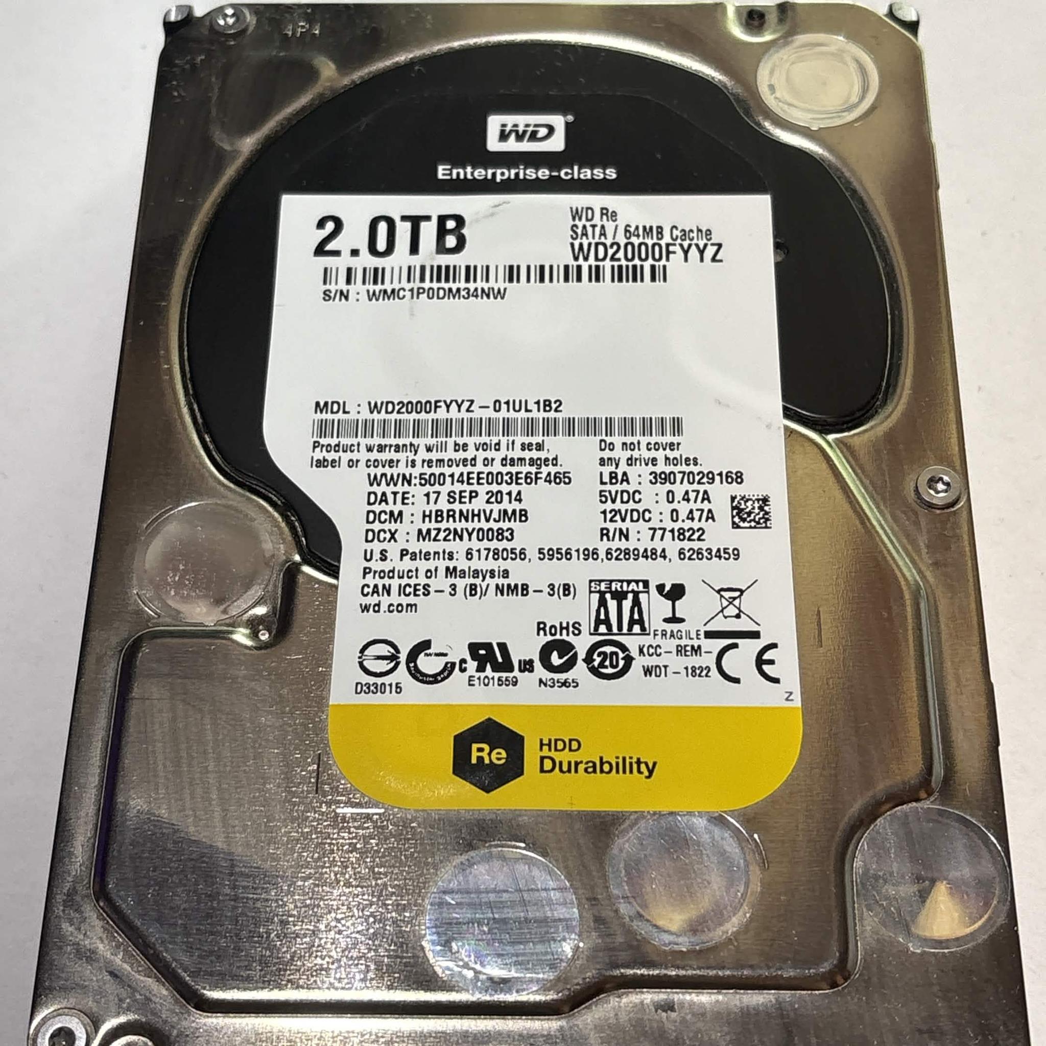 WD Re 2TB WD2000FYYZ Enterprise 7200RPM SATA HDD – 35,444 Hours – Good SMART