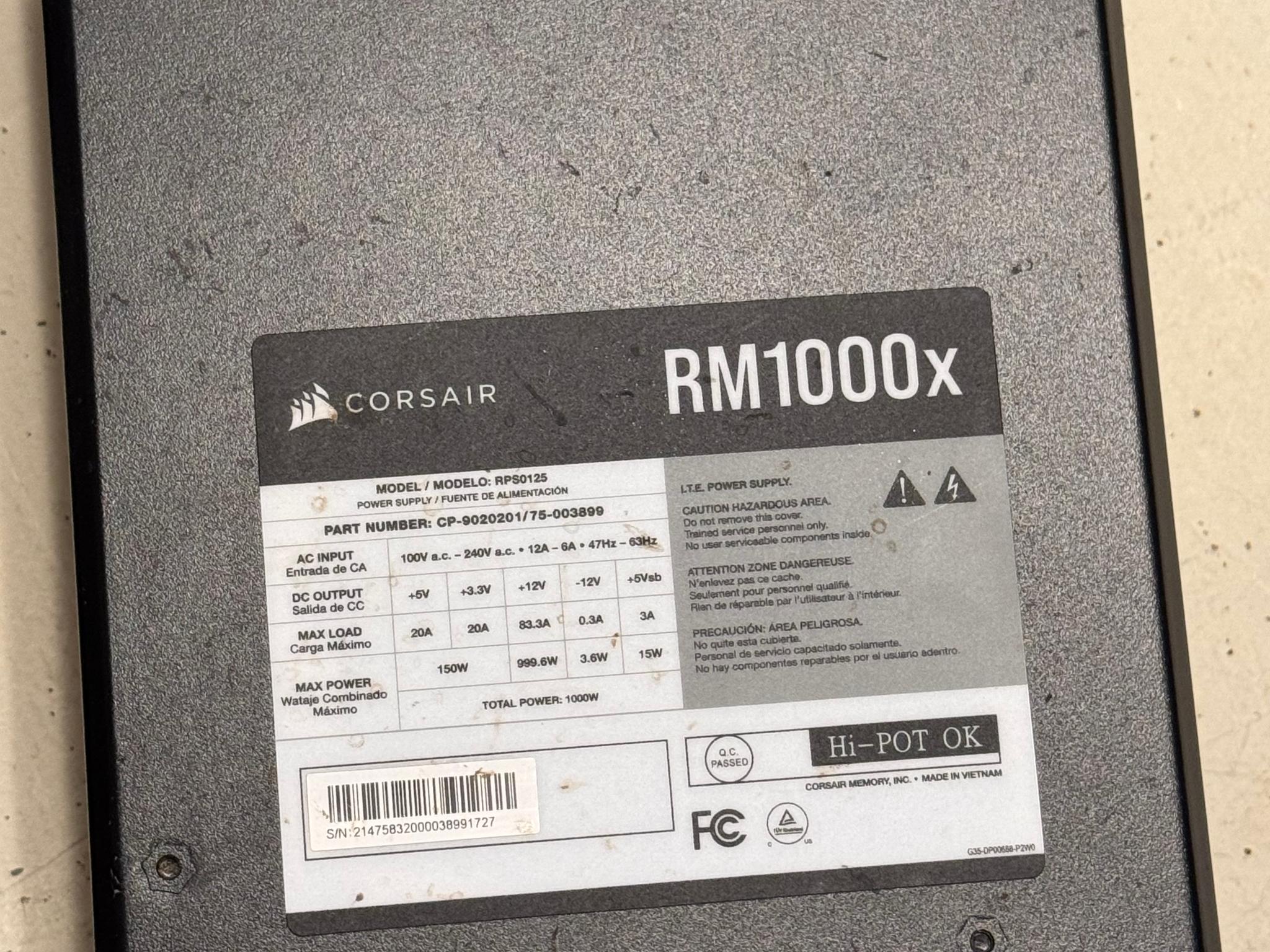 Corsair RM1000x 1000W Power Supply with cables and power cord