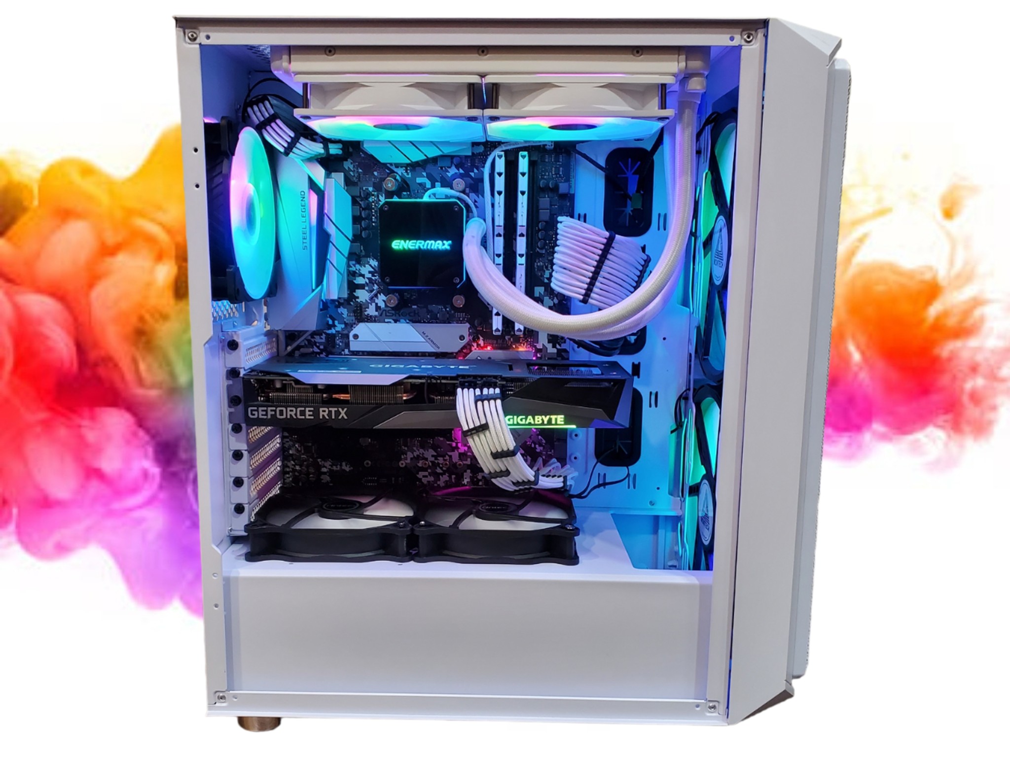 Watercooled Sale: 3060ti + Ryzen 5 + 16GB RAM + 1TB SSD + 7 Fans + Full RGB ( All White Gaming PC )
