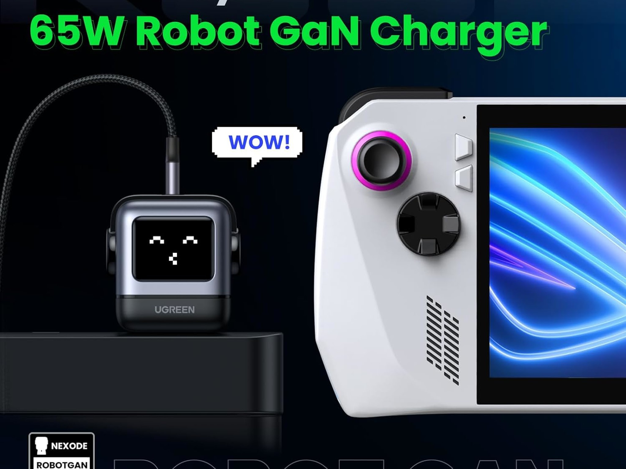 UGREEN RG 65W USB C Charger, Nexode 3-Port Robot GaN Fast Charger Block, Compact Wall Charger