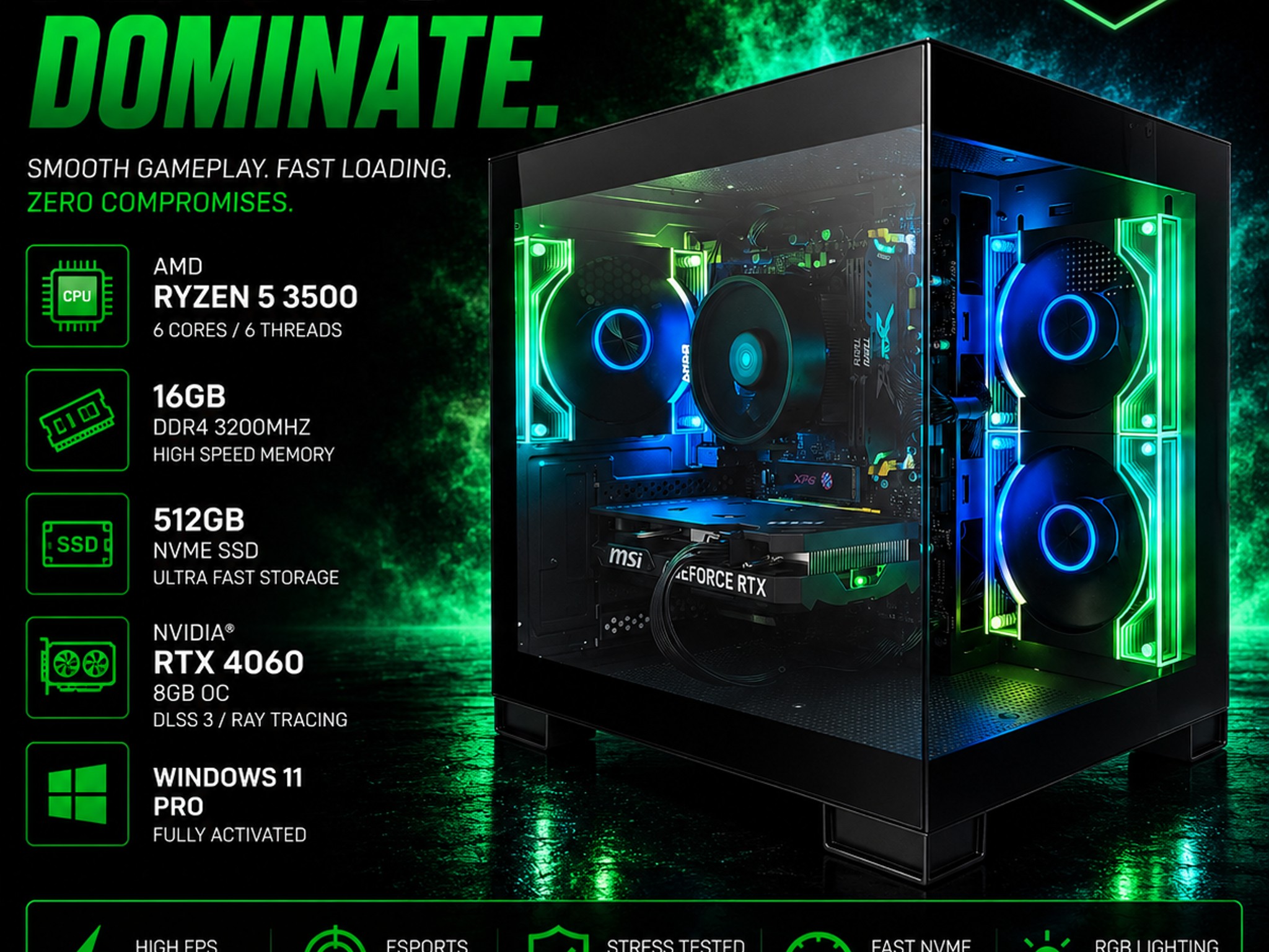 CUBEX HIGH FPS GAMING PC | Ryzen 5 3500 | RTX 4060 8GB | 16GB RAM | 512GB NVMe