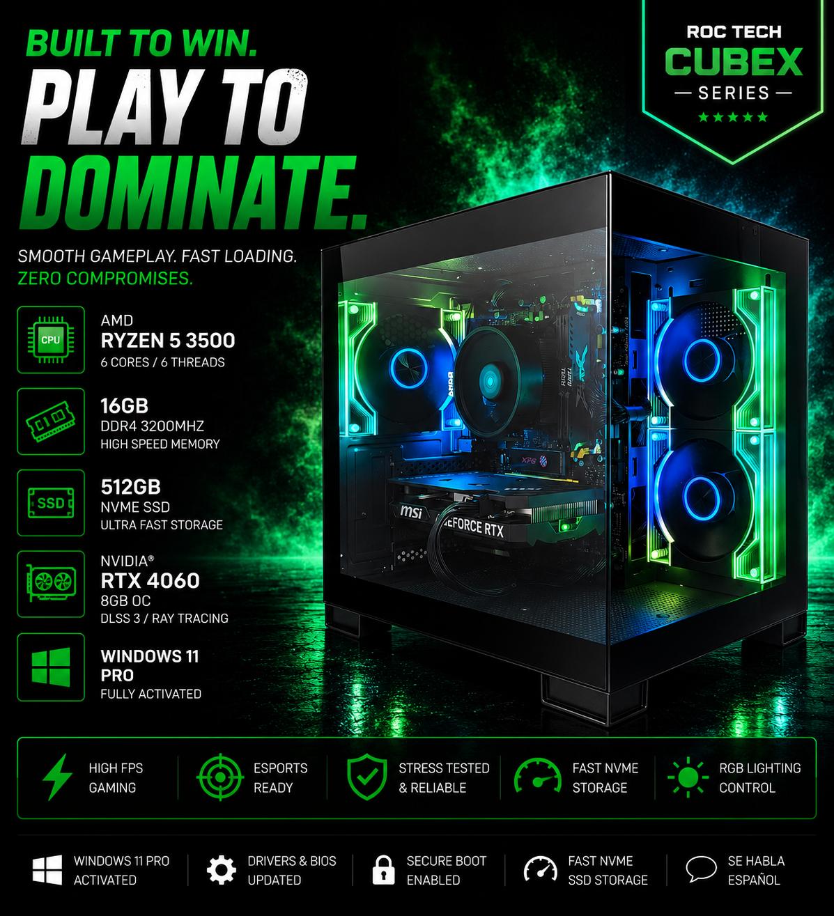 CUBEX HIGH FPS GAMING PC | Ryzen 5 3500 | RTX 4060 8GB | 16GB RAM | 512GB NVMe
